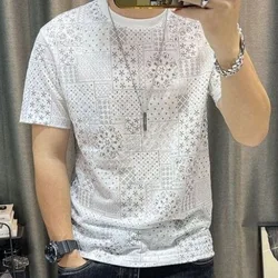 Korean Thin Style 2024 Summer New Men's Pullovers Crew Neck Printed All-match Fashionable Slim Short Sleeve T-shirt Tops