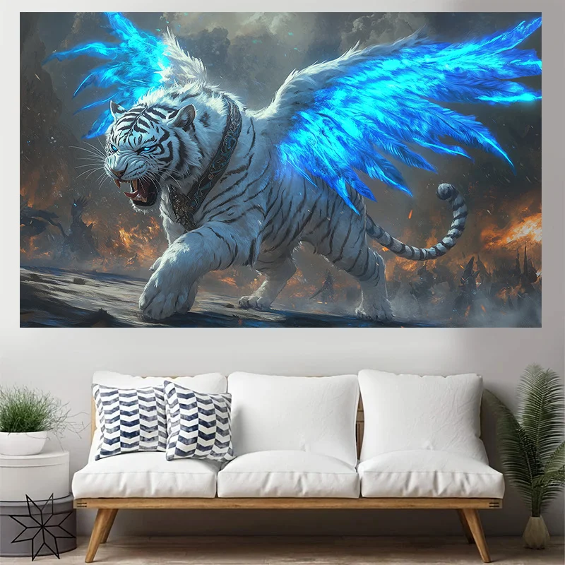 Powerful White Tiger Design Digital printing polyester wall tapestry suitable for use in living rooms bedrooms bars and party