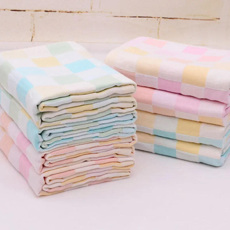 Double Gauze Colored Checkered Bathtowel Ins Style Pure Cotton Washcloths for Children Adults Soft Skin-Friendly Baby Wrap Towel