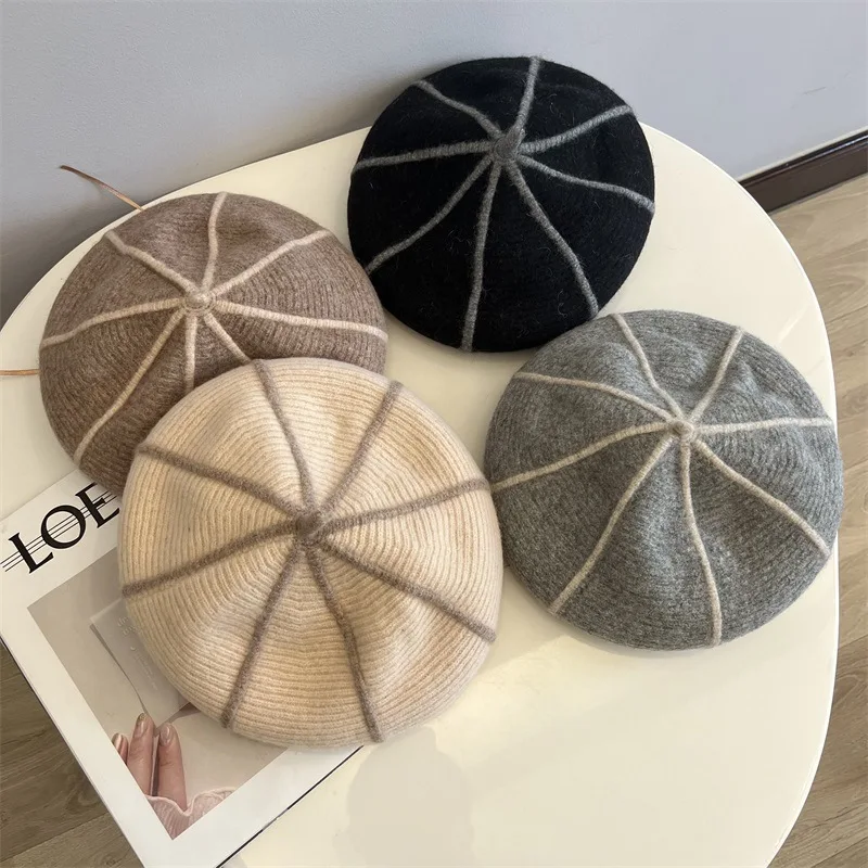 Neue Herbst Winter Baskenmütze Hut Für Frauen Achteckige Kappe Designer Top Qualität Wolle Weiche Warme Gestreiften Beste Abgestimmt Künstler Hut Geschenk – Detail 5