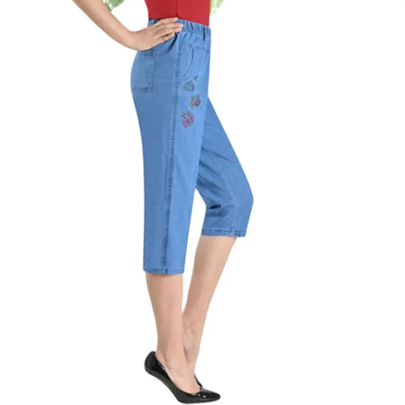 

Summer thin middle-aged and elderly jeans women cropped pants elastic high waist straight pants loose large size pants A933