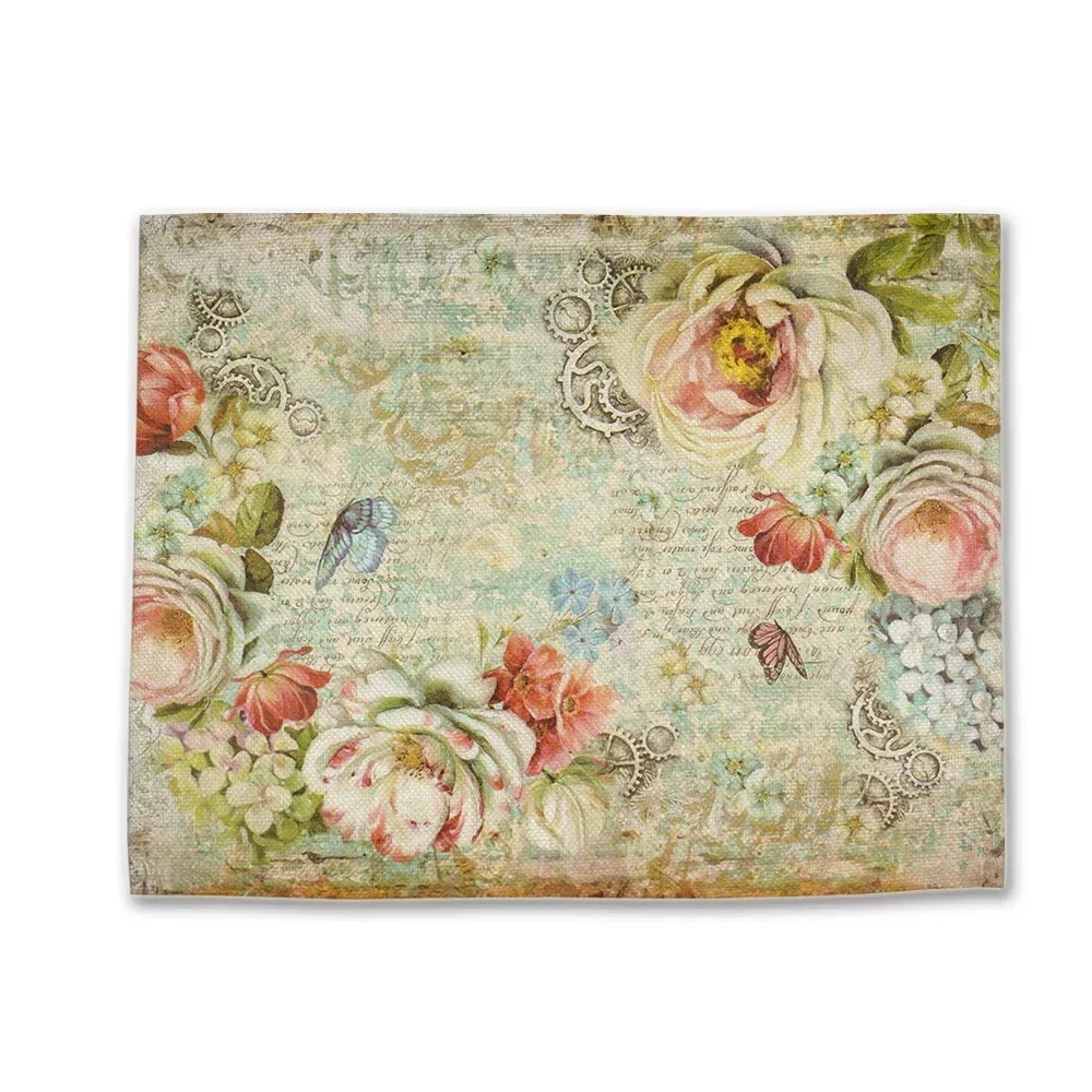 Pink Shabby Chic Vintage Flower Rose Placemat Decoupage Stamperia Coaster Linen Table Xmas Decor Pad Bowl Coffee Cup Mat 45x32CM