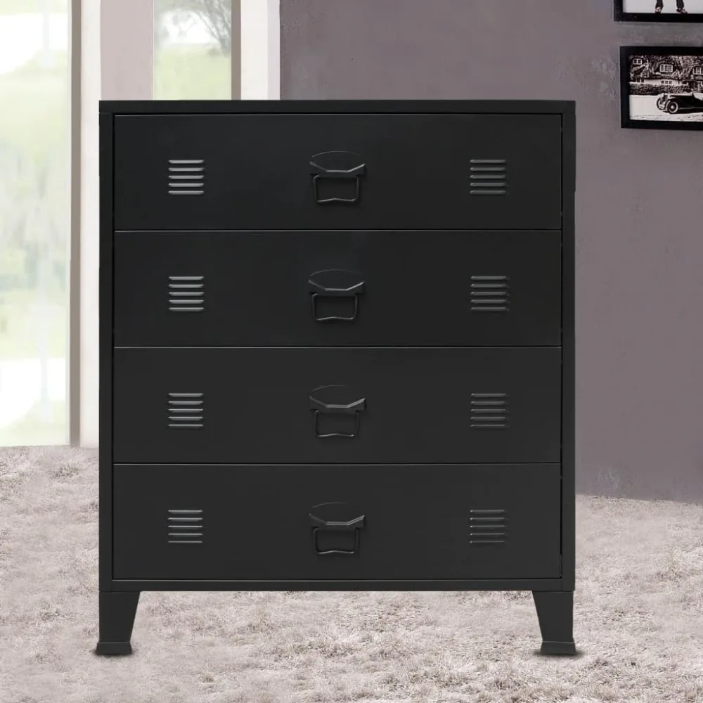 vidaXL Cómoda de almacenamiento, gabinete de almacenamiento de metal con 4 cajones, aparador de estilo industrial con rejillas de ventilación y tiradores de metal, aparador