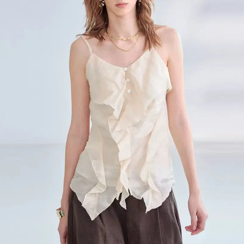 Chic 100% Ramie Women's Cami Tank Top with Asymmetrical Ruffle Design French Casual Vacation Backless Lightweight Summer Tops