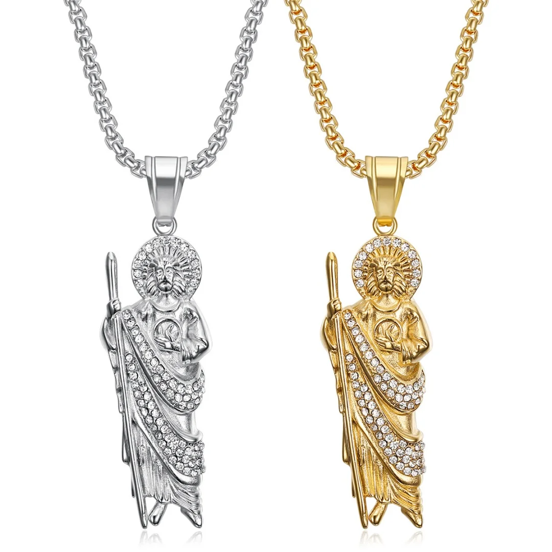 Religious Iced Out Saint Jude Pendant Gold Silver Color Stainless Steel Zirconia Christian Faith Necklace for Woman Man Jewelry