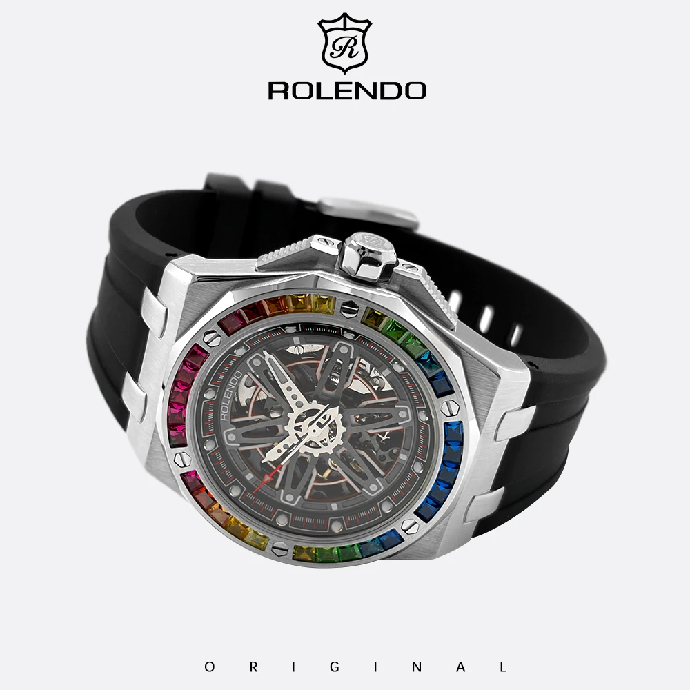 ROLENDO Luxury Men Automatic Watches Two Tone Gold Steel Diamond Bezel Moon Phase Full Calendar Waterproof Watch For Gift