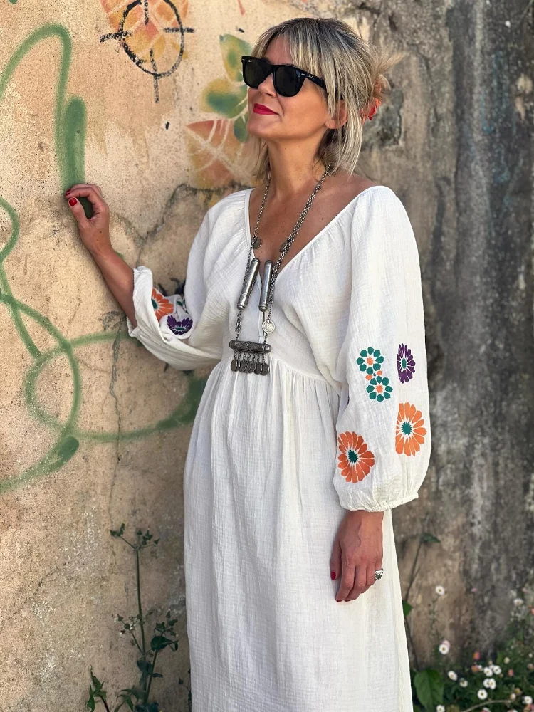 Women Fashion Flower Print Lantern Sleeves Dress V-neck Backless Lace-up Slim Vestidos 2024 Summer Female High Streetwear