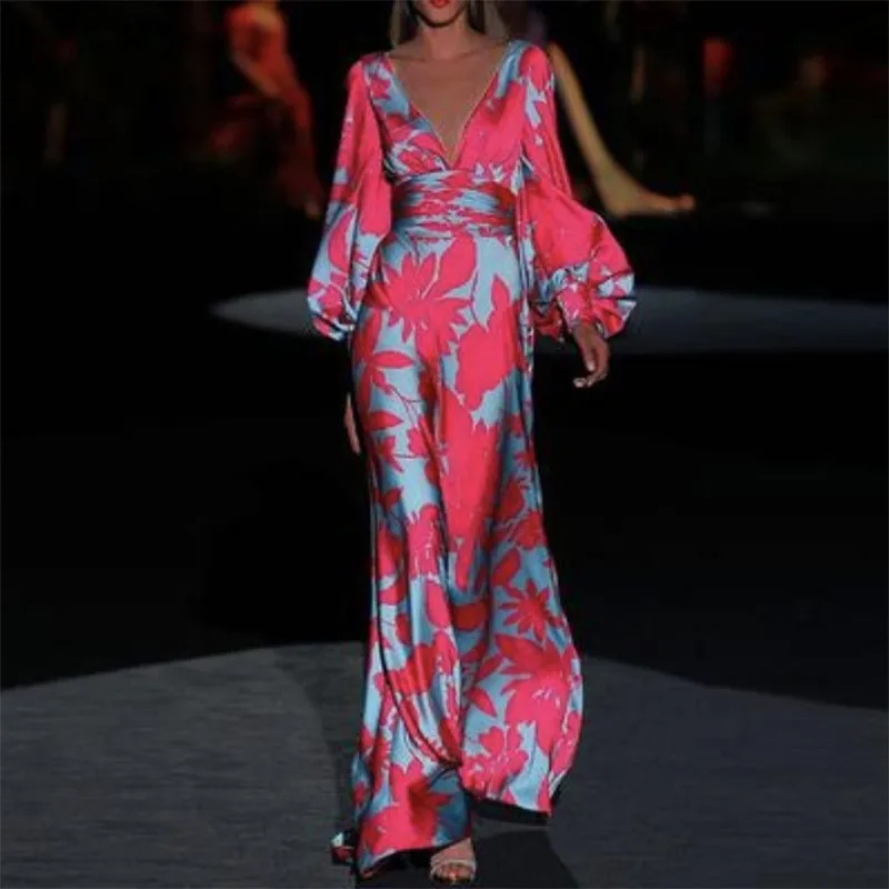

A new fashionable printed collar cinched waist and loose long dress