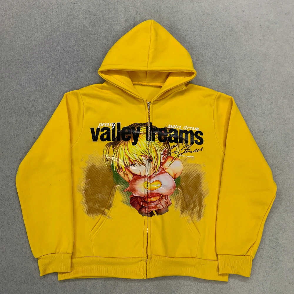 Y2K Hip Hop Street Style Anime Portrait Print Zip Up Hoodie, Bright Yellow Oversized Drop Shoulder Long Sleeve Hooded Top Unisex