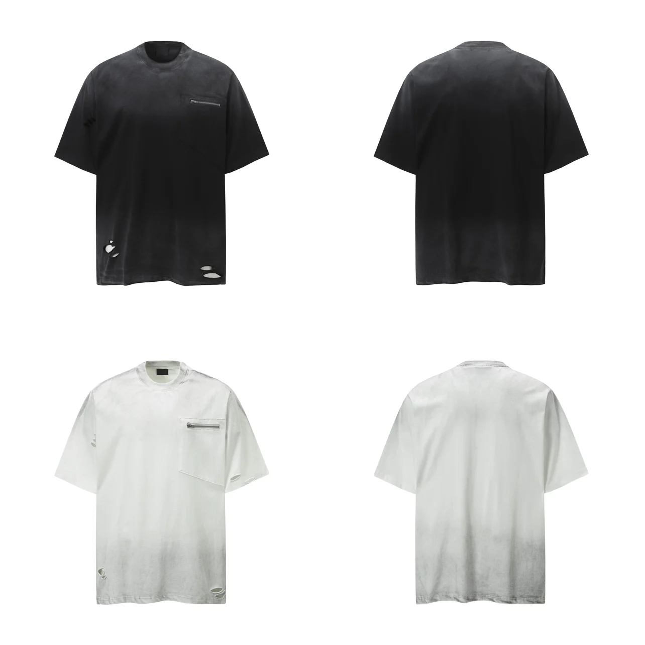 American Retro Gradient Distressed Pocket Ripped Short Sleeve T-Shirt for Men Loose High Street Casual Round Neck Half Sleeve