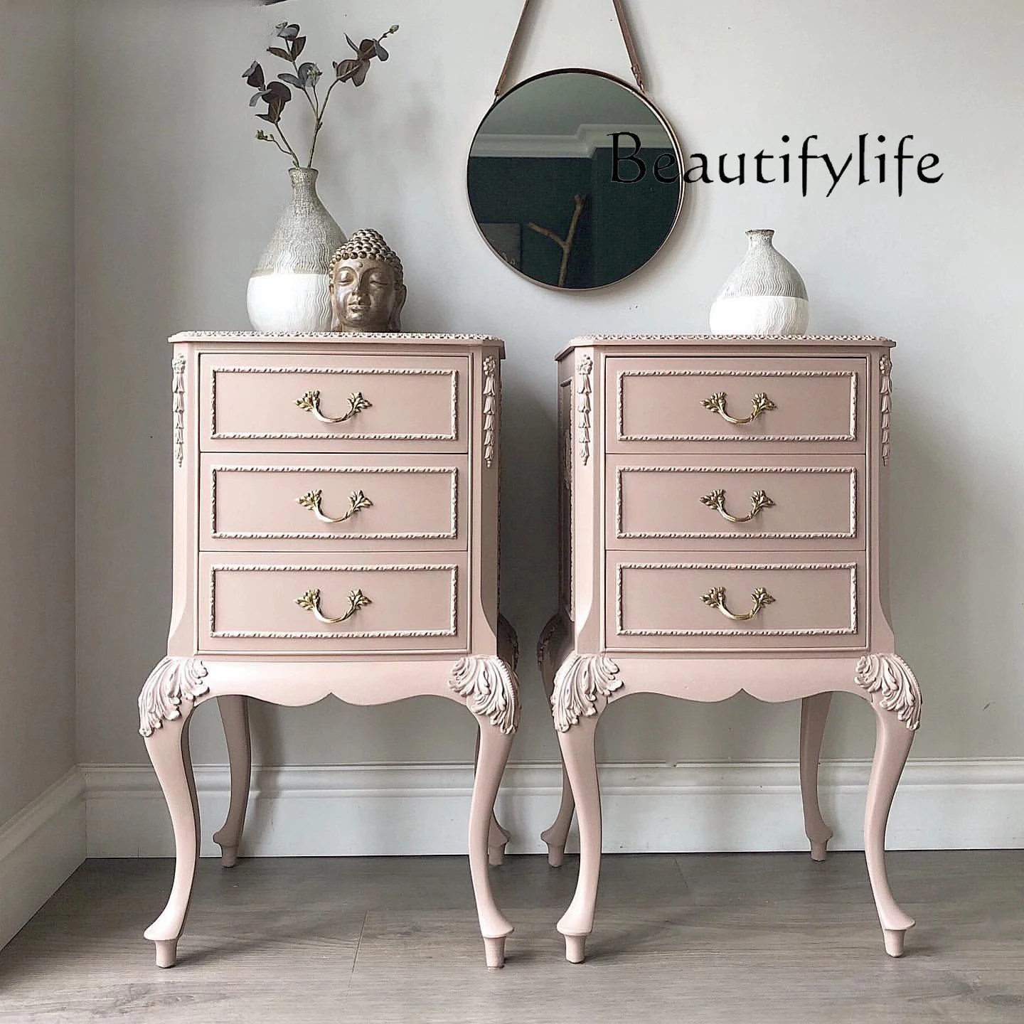 

French retro solid wood pink bedside table American bedroom home bedside locker furniture customization