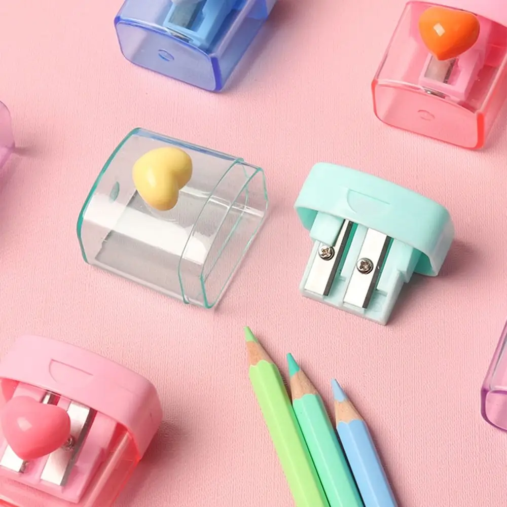 Cute 1/2 Holes Pencil Sharping Tools With Cover Sketching Pencil Sharpener Transparent Heart Pencil Cutter Student Stationery