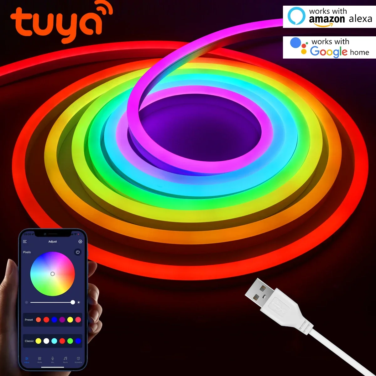 TUYA Smart WiFi RGB Neon Strip Light USB 5V With Alexa Google Home Echo Plus APP Voice Control Music Dynamic Sync Fun Home Decor