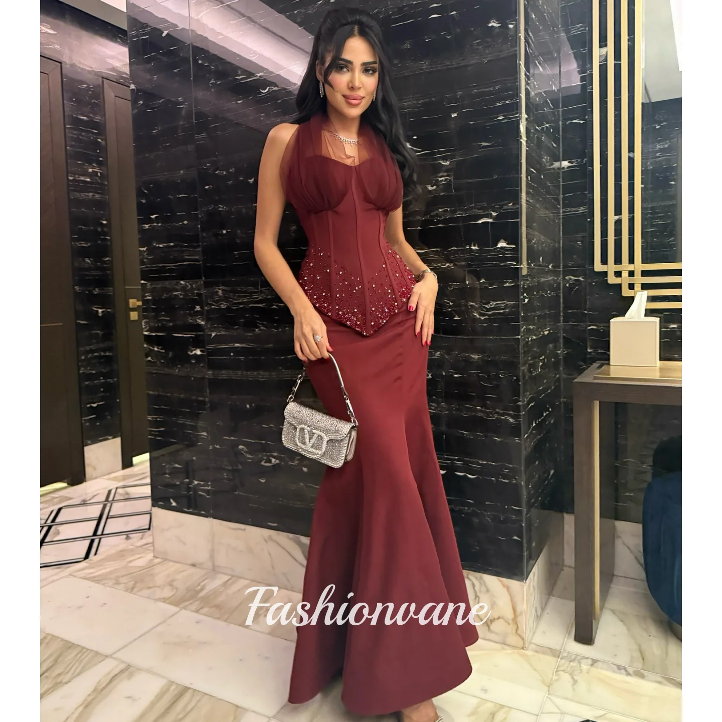 

Red Mermaid Evening Dress Beadings Saudi Arabia Women's Halter Strapless Prom Dresses Formal Occasion Dresses Customized