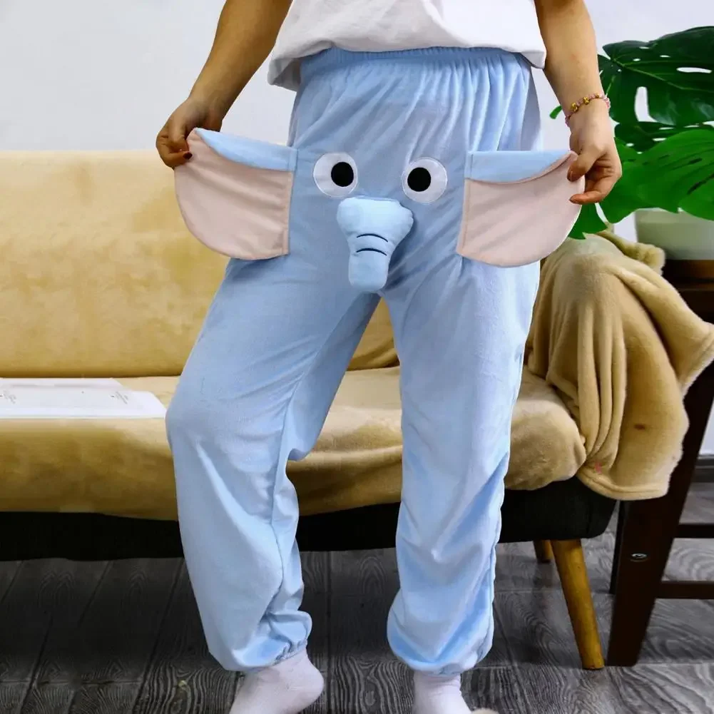 Cartoon Elephant Pattern Pajama Pants Wide Leg Design Women Men Lounge Pants Elastic Waistband Mid-Rise Quirky Pajama Bottoms