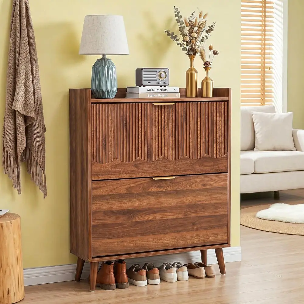 30 Slim Shoe Storage Cabinet with 2 Doors and Walnut Wave Pattern view 5