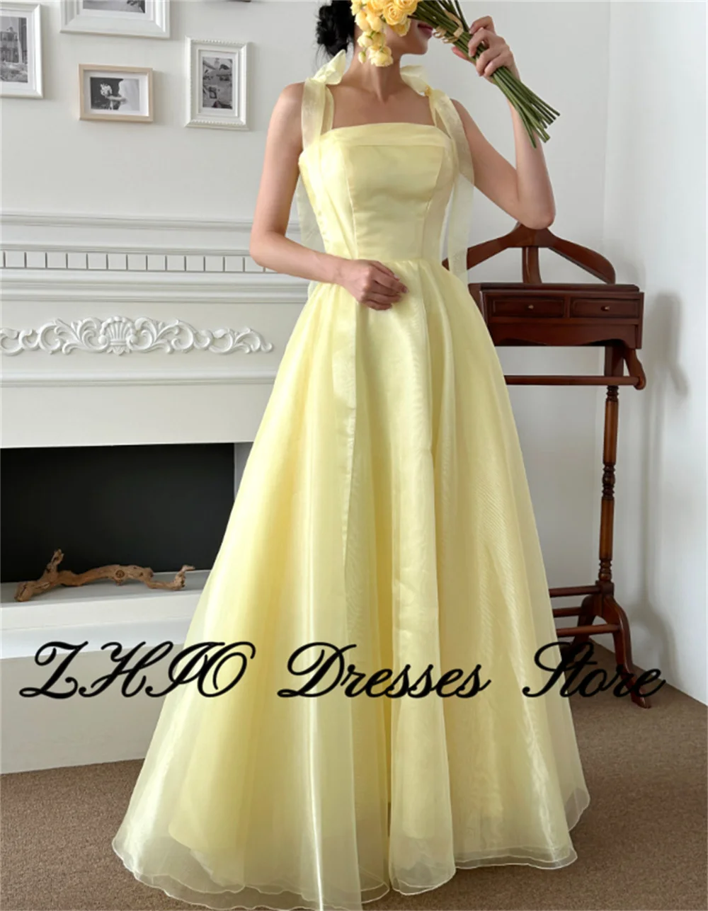ZHIO  Fairy Soft Yellow Straps Korea Wedding Dresses Organza A Line Floor-Length Formal Prom Gown Customized Wedding Photo Shoot