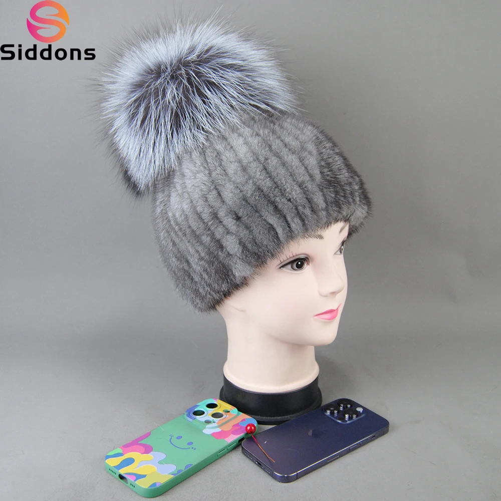 

Real Mink Fur Hat For Women New Brand Thicken Female Fur Caps Ladies Winter Knitted Mink Fur Beanies With Fox Fur Pompoms Hat