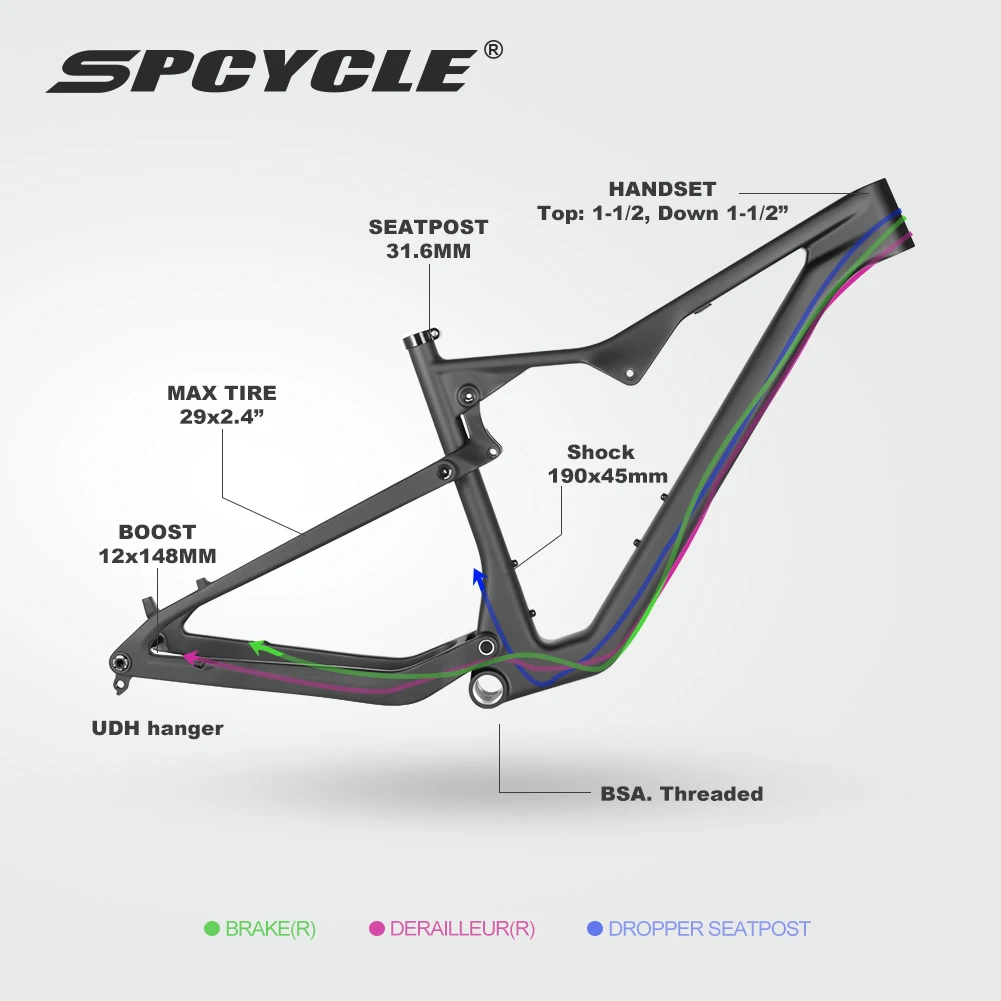 Spcycle 2025 New 29er Full Suspension Carbon MTB Frame Travel 120mm UDH Hanger BSA Super Light Dual Suspension Frame M868