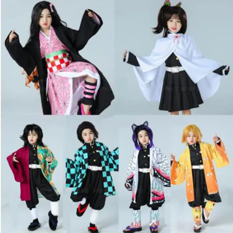 Anime Demon Slayer Kimetsu No Yaiba Zenitsu Dress Tanjirou Kamado Nezuko Cosplay Costume Wig Kids Men Kimono Uniform Halloween