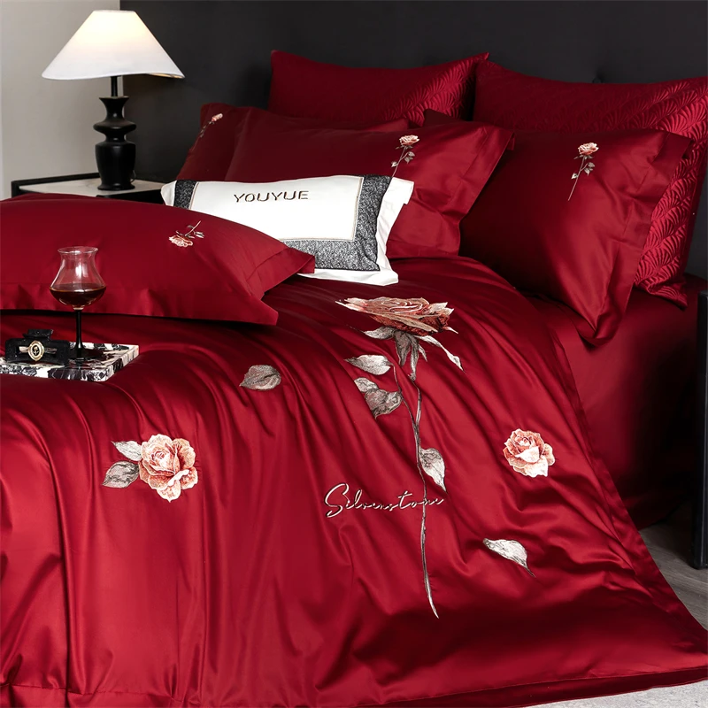 Luxury Rose Flowers Embroidery 100% Cotton Red Bedding Set 4 Pieces Pure Cotton Duvet Cover Flat/Fitted Bed Sheet Pillowcases