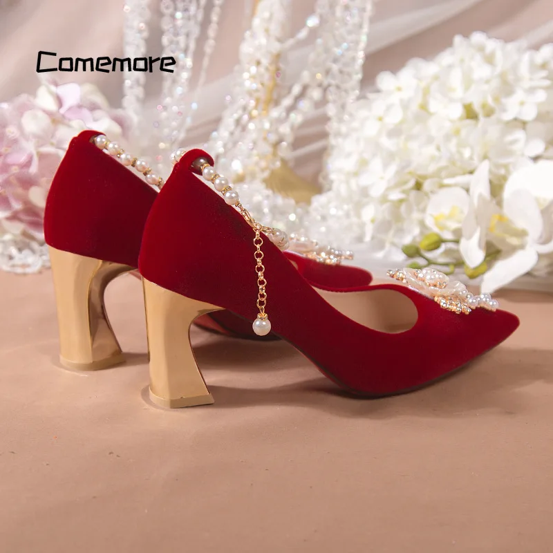 Comemore Red High Heel Chinese Style Bridal Wedding Shoes Women 2024 Beaded Women\'s Shoe Pointed Toe Pumps Fashion Pump Heels 34