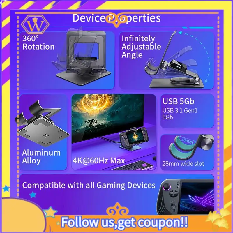 

Док-станция с новейшей вращающейся подставкой для ROG Ally X & Steam Deck OLED & Switch & Ipad Pro 4K2K 100 Вт Зарядка Ally 30 Вт Турборежим