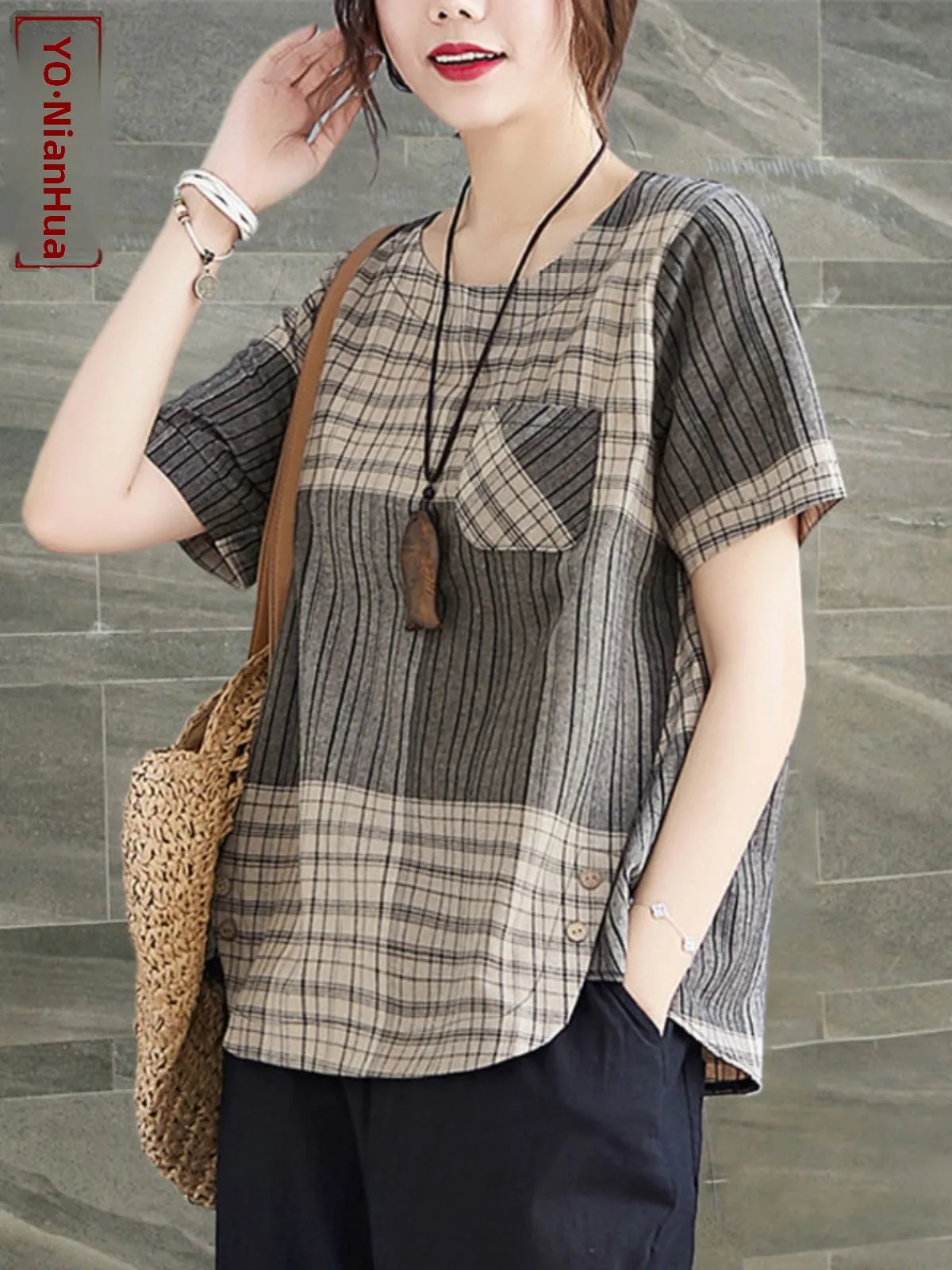 t-shirt-ample-a-manches-courtes-en-coton-et-lin-pour-femme-style-retro-artistique-avec-poche-a-carreaux-tendance-et-mouchoir-integre-nouvelle-collection-ete