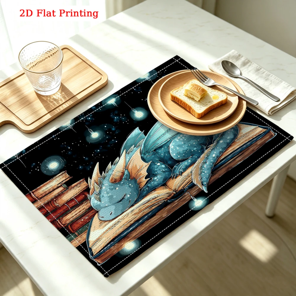 Sleeping Dragon On Open Book Kitchen Placemat Coaster Linen Pad Dish Coffee Cup Table Mat 30x40cm Home Decor