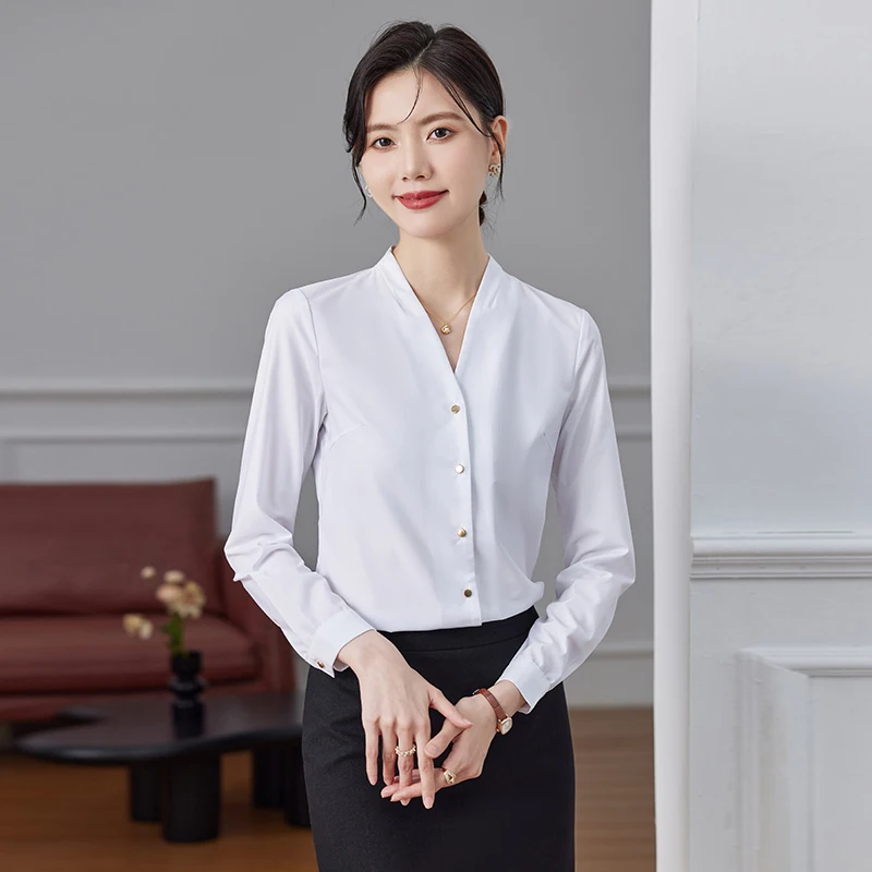 NAVIU 2025 nueva camisa de gasa Lisa Simple para mujer azul marino blanco blusas y Tops de manga larga para mujer blusas de oficina