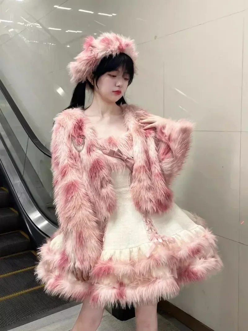 Japonês doce lolita casaco curto de pele de pelúcia vestido rosa terno de duas peças feminino jaqueta superior de inverno kawaii fino ajuste vestidos de mujer