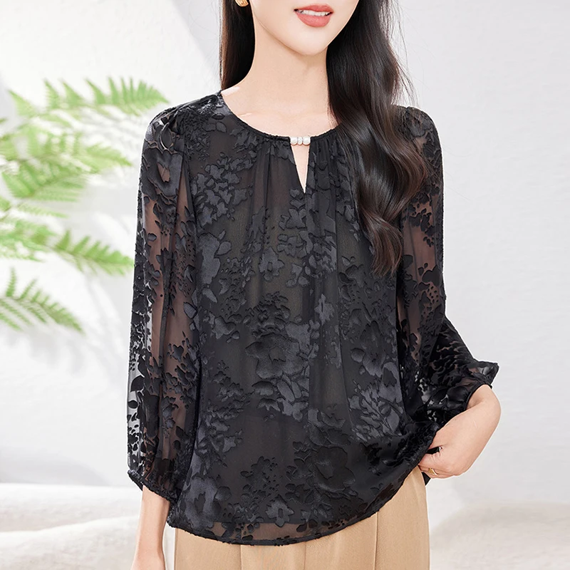 

New 2026 Spring Summer Elegant Shirts Fashion Blouses For Women 100% Real Silk Women's Shirt Loose Tops Woman Vintage Blouse