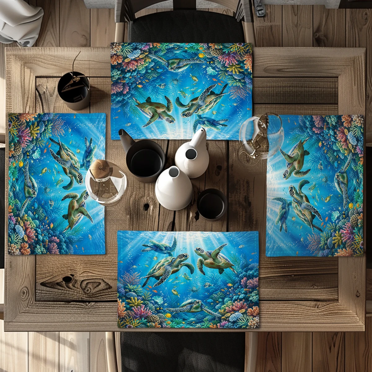 Seaside Beach Starfish Seashell Pattern Polyester Placemats, Decorative Table Mats for Dining, Coffee, Home Party Table Use