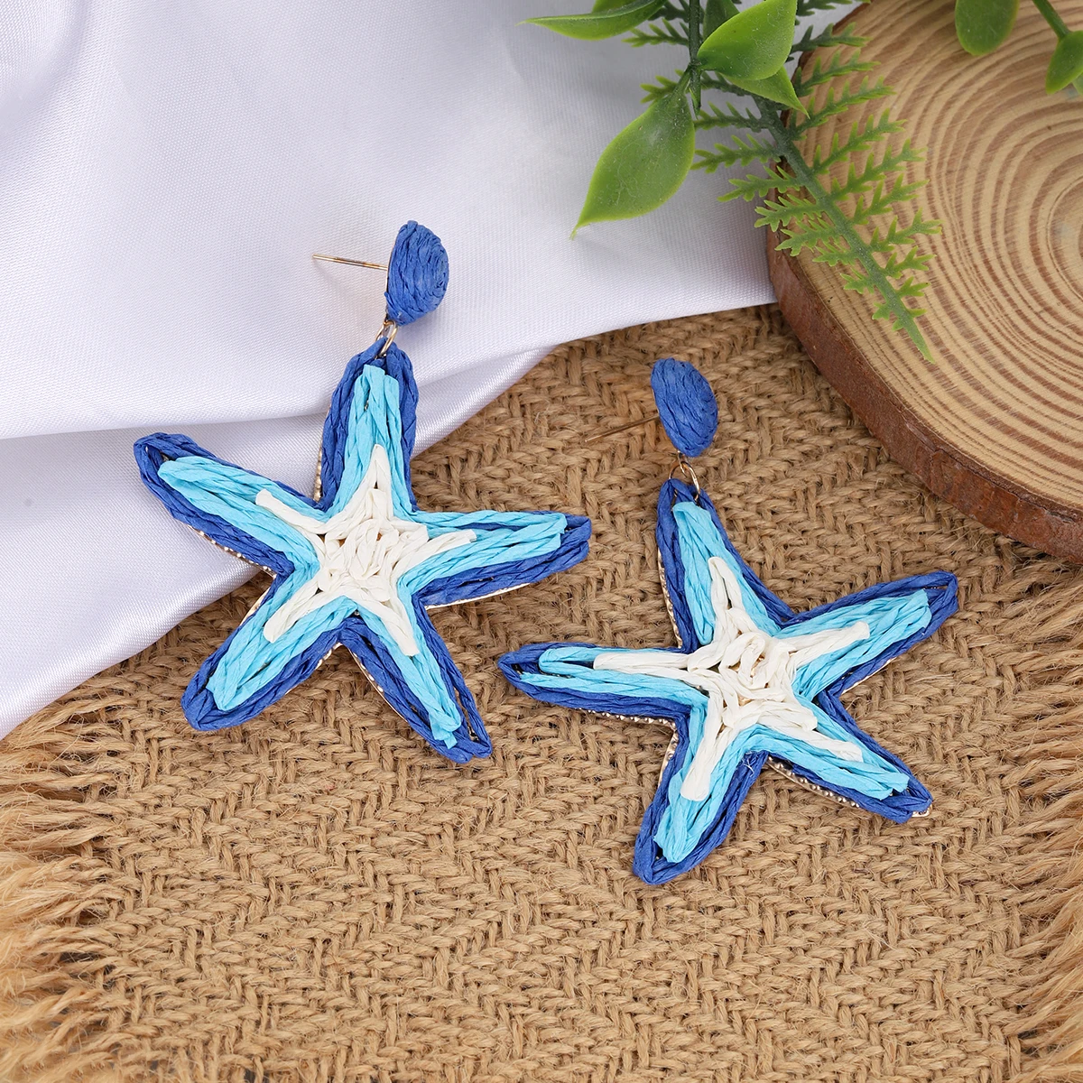Boho Raffia Woven Starfish Drop Earring Women Handmade Blue White Rope Wrapped Beach Earrings Female Vacation Party Jewelry