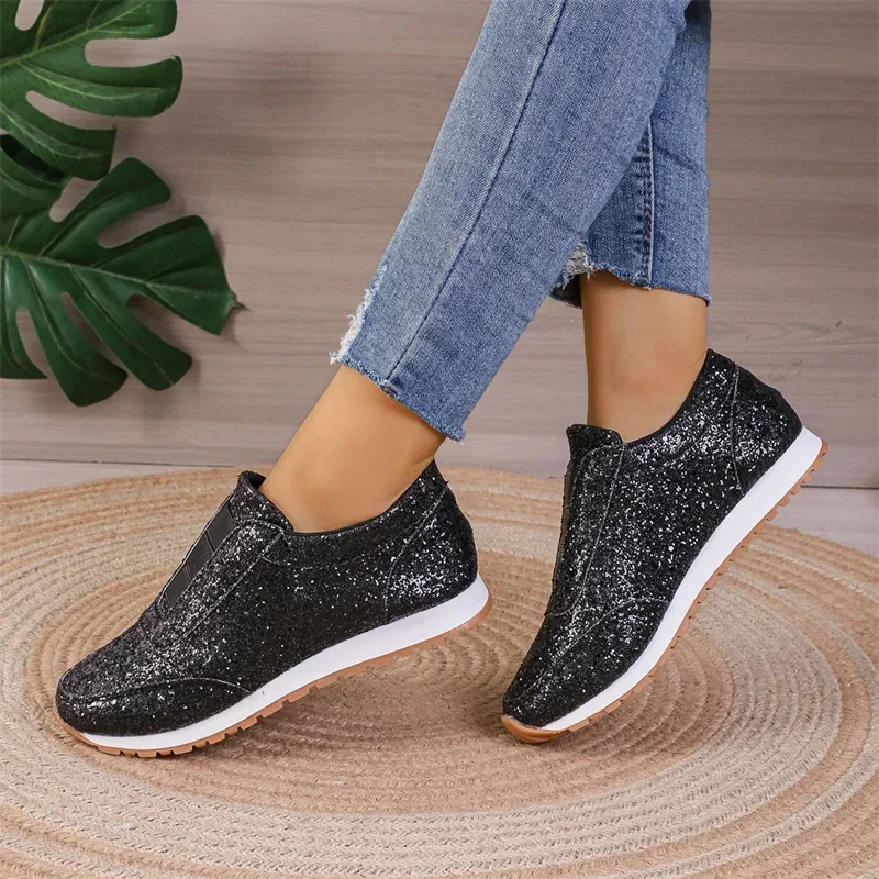 2024 Autumn New Fashion Slip-on Low-heeled Women\'s Sneakers Gold Silver Trend Sport Shoes Ladies Outdoor Casual Walking Shoes