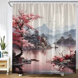 Japanese Landscape Shower Curtain Pink Flowers Tree Mountain Lake Pavilion Ink Art Bath Curtains Polyester Fabric Bathroom Decor