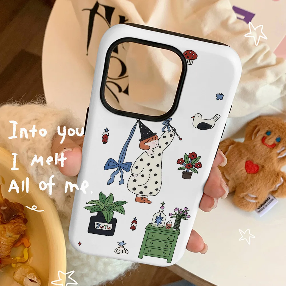 Korean White Magic Girl Cartoon Manga Phone Case for IPHONE 16 15PRO MAX 14 13 12 11 Acrylic TPU Two in One Magnetic Phone Cases