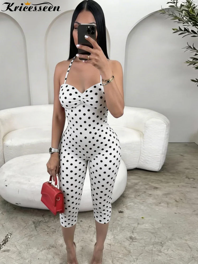 

Сексуальный белый комбинезон в горошек Kricesseen для женщин, облегающий, с V-образным вырезом, на бретелях, цельный, летний, для клуба и уличной моды