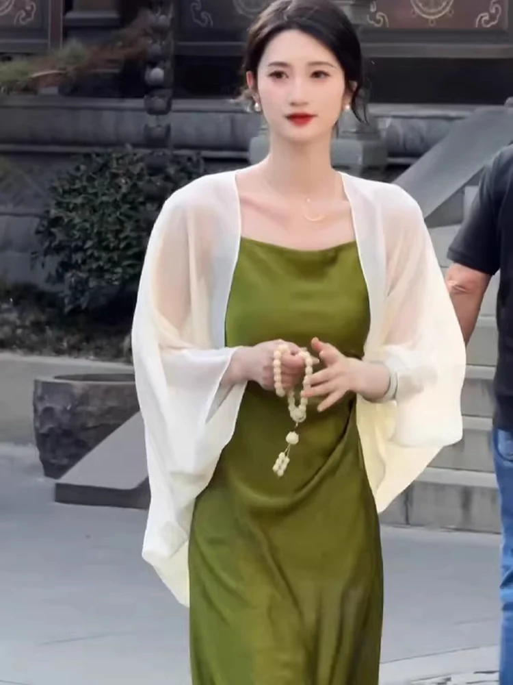 

Brand Women's Summer Loose Outerwear Sun Protection White Lace Cardigan Trendy Commute Style V-Neck Seven-Quarter Sleeve