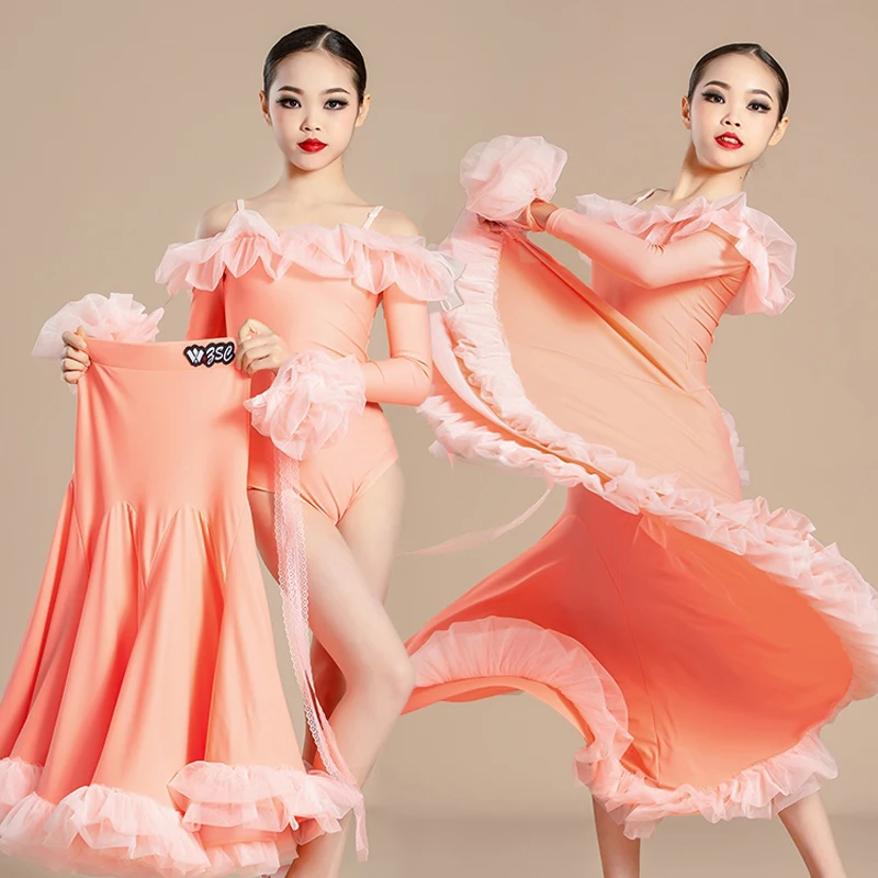 Sukienka konkursowa do tańca latynoamerykańskiego dla dziewczynek, 3 kolory, długi rękaw, kostiumy do tańca towarzyskiego dla dzieci, odzież do tańca XS7607