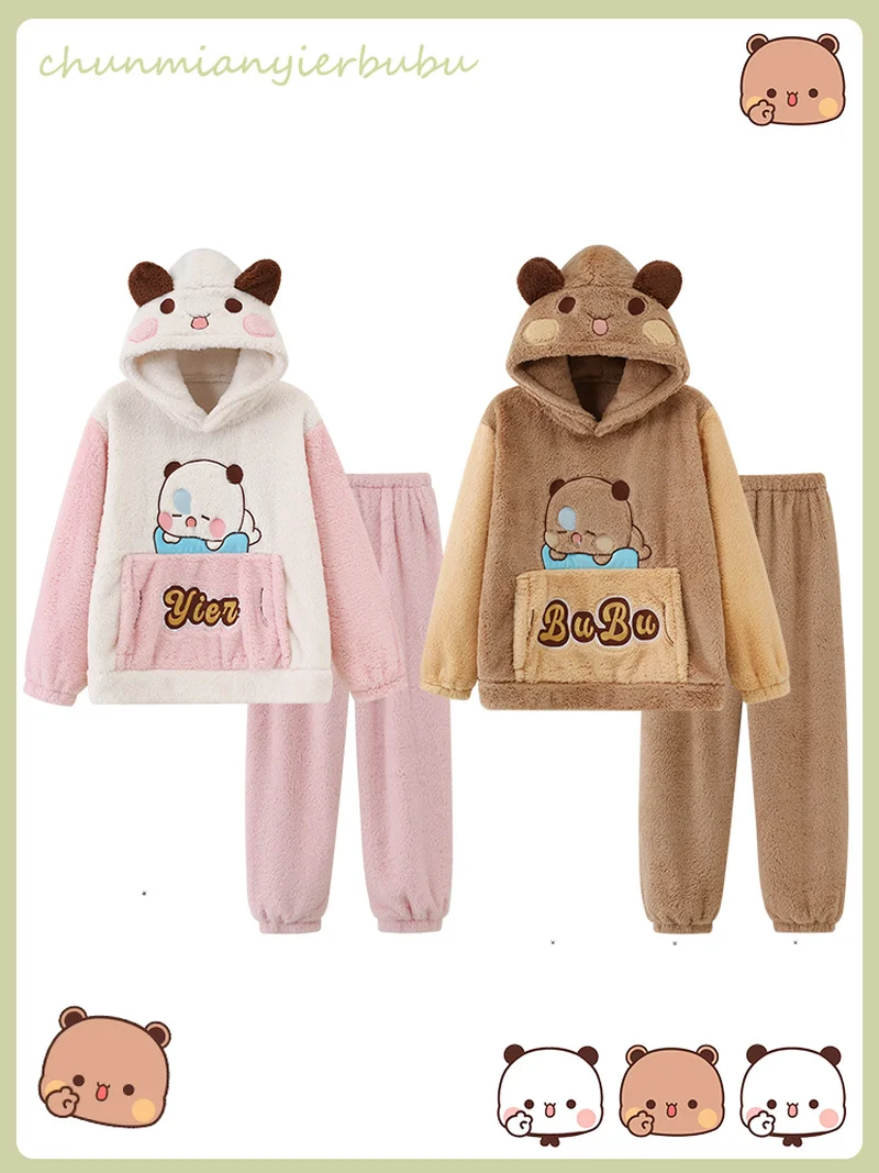 

Panda Yier And Bubu Coral Fleece Pajamas Set,Cute Couples Clothes And Trousers Winter Cozy Comfy Loungewear For Women&Men Gifts
