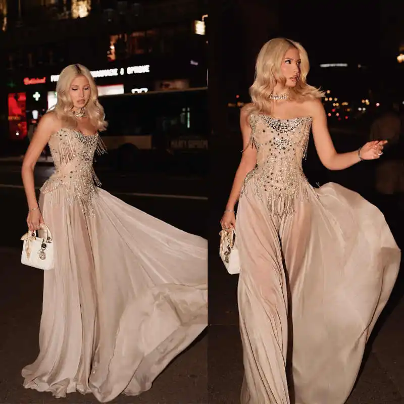 Elegante Abendkleider, A-Linie, trägerlos, mit Strass, ärmellos, rückenfrei, Ballkleider, Partykleider, maßgeschneiderte Robe De Soirée