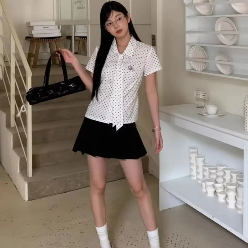 Простая короткая рубашка в горошек, уличная одежда в корейском стиле, женская блузка в горошек, полукруглый дизайн, женские топы с длинными рукавами и рюшами