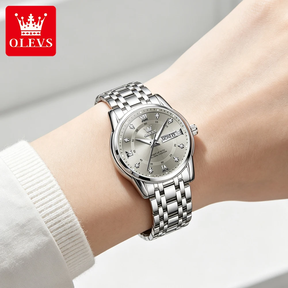 OLEVS Watch for Women Classic Business Dress Analog Quartz Stainless Steel Waterproof Luminous Date Diamond Women Silver Watch