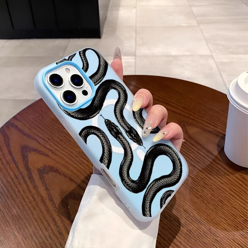 المغناطيسي بسيط الجمالية الاتجاه الأسود بيثون نمط جراب هاتف آيفون 16 15 14 13 12 11 بروماكس سيليكون جراب هاتف غطاء