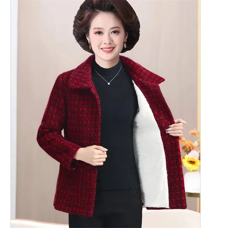 Fashion Woolen Coat 2024 Plaid Autumn And Winter New Middle-Aged And Elderly Mothers Thickened Warm And Elegant Coat Top