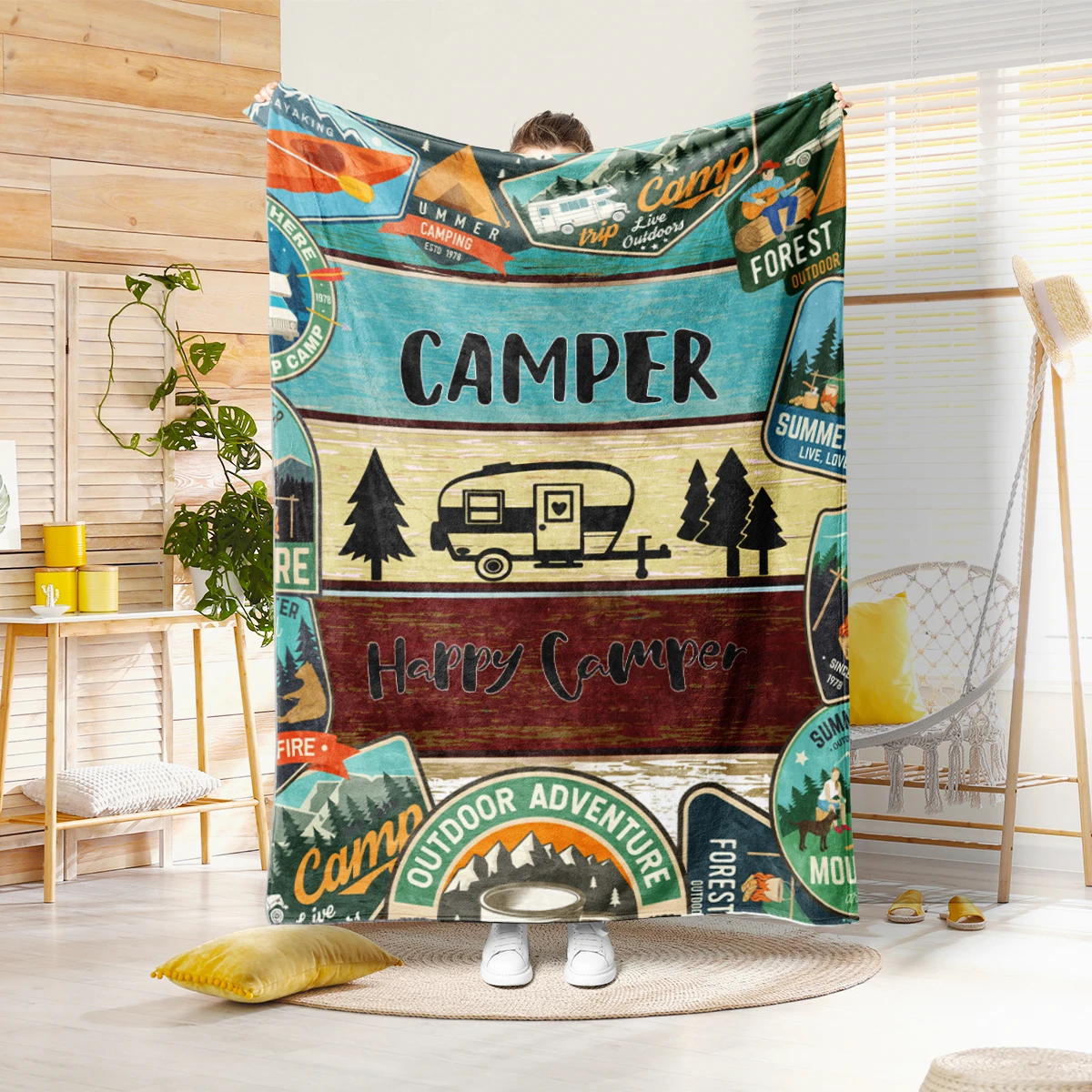 1PC camper and forest pattern printed blanket, suitable for sofas, beds, offices, travel, camping chairs, warm plush blanket