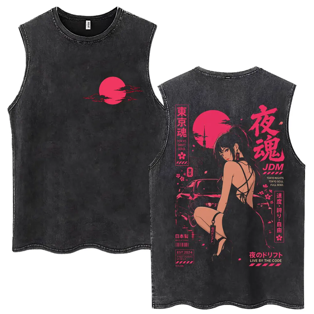Anime Initial D Drift Tokyo JDM Racing Car Washed Tank Tops Men Women Fashion Vintage Sleeveless Vests Cotton Casual Loose Tees