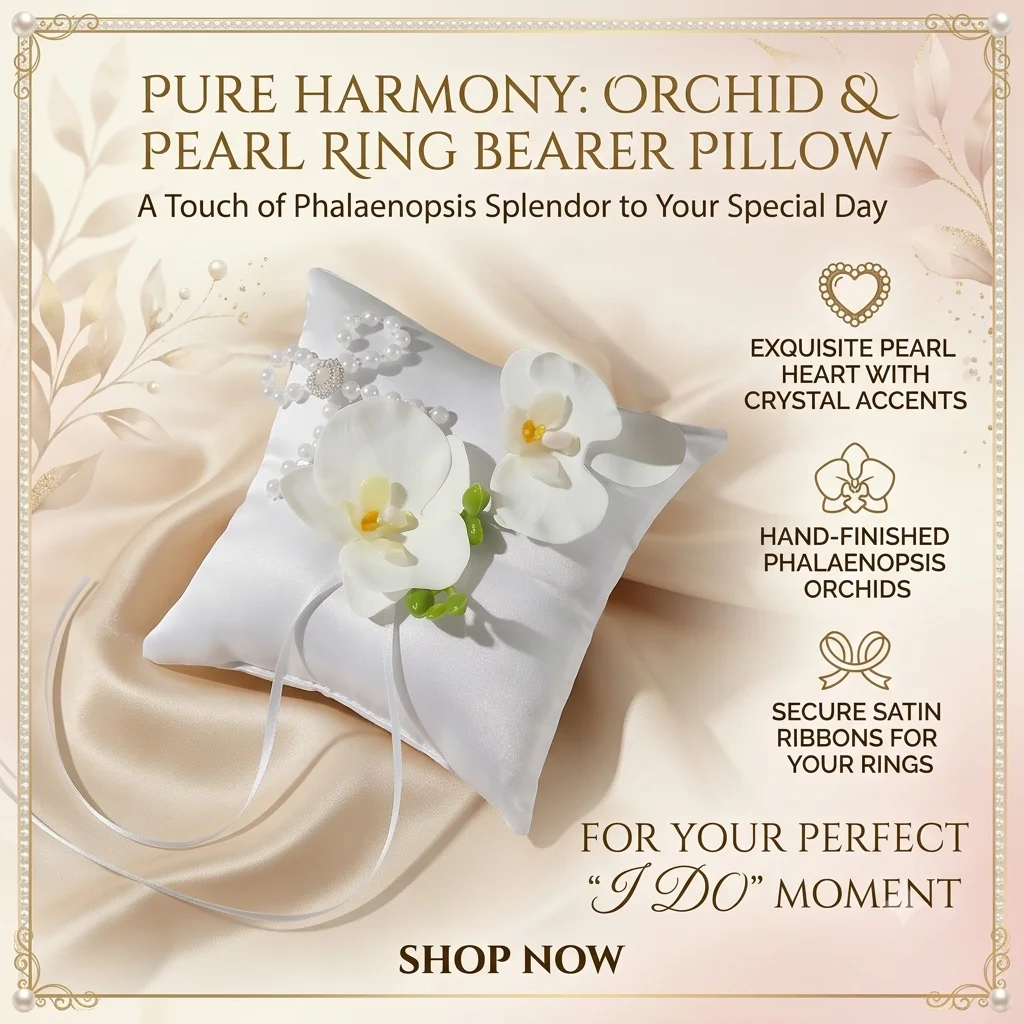 Elegant Bridal Ring Cushion, Square Satin Pillow Decorated with White Butterfly Orchids, Green Buds and Looped Pearl Bead Chain