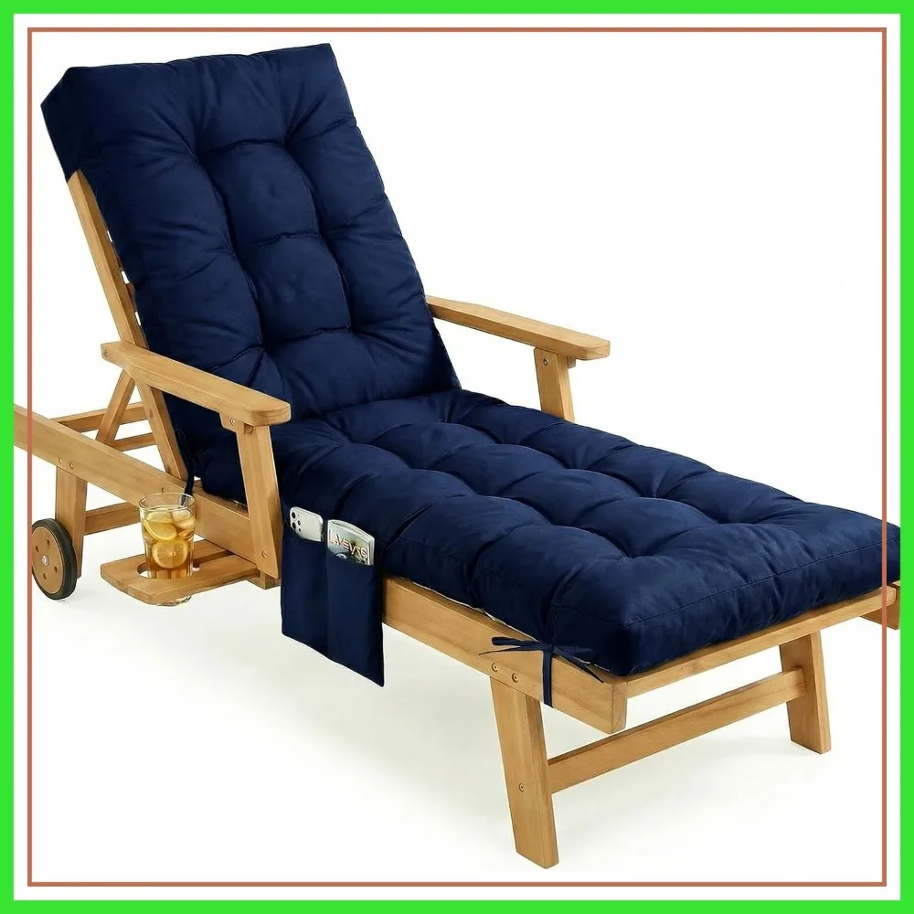 

Outdoor Chaise Lounge Chair Cushion 72x22x4 inch Waterproof Thickened with Pocket and Ties Navy Blue